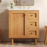 JVNOXK Meuble sous-vasque rustique moderne en céramique de 30 pouces avec 3 tiroirs et 1 grande porte à fermeture douce, meuble de rangement, grain de bois naturel
