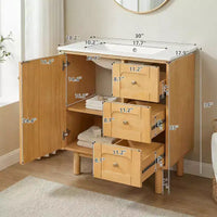 JVNOXK Meuble sous-vasque rustique moderne en céramique de 30 pouces avec 3 tiroirs et 1 grande porte à fermeture douce, meuble de rangement, grain de bois naturel