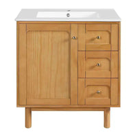 JVNOXK Meuble sous-vasque rustique moderne en céramique de 30 pouces avec 3 tiroirs et 1 grande porte à fermeture douce, meuble de rangement, grain de bois naturel