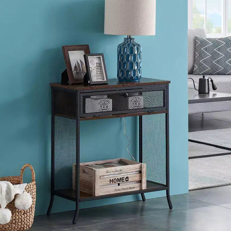 VECELO table console industrielle avec tiroir et étagères ouvertes, table d'entrée rustique en bois et maille métallique, table d'appoint de rangement pour salon ou couloir