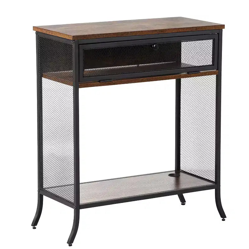 VECELO table console industrielle avec tiroir et étagères ouvertes, table d'entrée rustique en bois et maille métallique, table d'appoint de rangement pour salon ou couloir