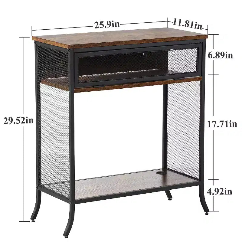 VECELO table console industrielle avec tiroir et étagères ouvertes, table d'entrée rustique en bois et maille métallique, table d'appoint de rangement pour salon ou couloir