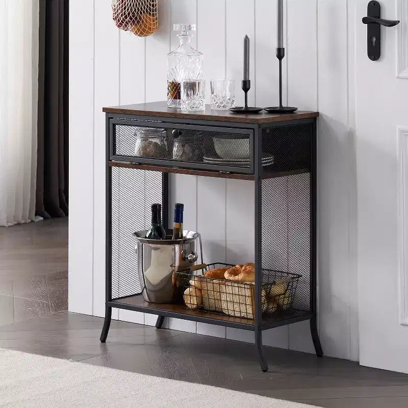 VECELO table console industrielle avec tiroir et étagères ouvertes, table d'entrée rustique en bois et maille métallique, table d'appoint de rangement pour salon ou couloir