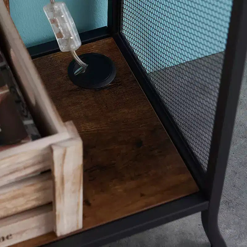 VECELO table console industrielle avec tiroir et étagères ouvertes, table d'entrée rustique en bois et maille métallique, table d'appoint de rangement pour salon ou couloir