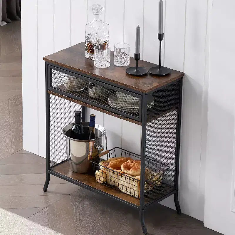 VECELO table console industrielle avec tiroir et étagères ouvertes, table d'entrée rustique en bois et maille métallique, table d'appoint de rangement pour salon ou couloir