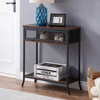 VECELO table console industrielle avec tiroir et étagères ouvertes, table d'entrée rustique en bois et maille métallique, table d'appoint de rangement pour salon ou couloir
