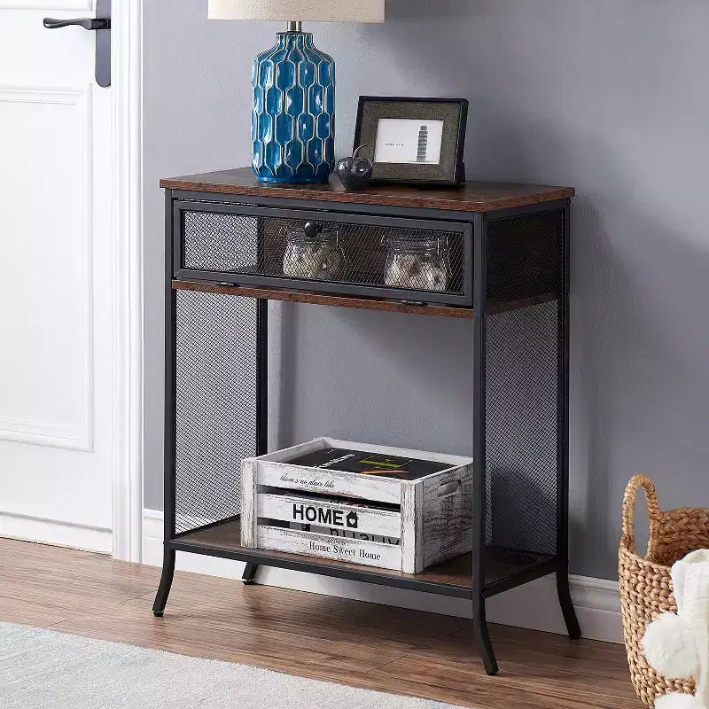 VECELO table console industrielle avec tiroir et étagères ouvertes, table d'entrée rustique en bois et maille métallique, table d'appoint de rangement pour salon ou couloir