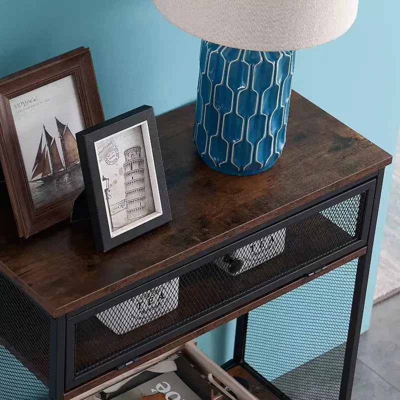 VECELO table console industrielle avec tiroir et étagères ouvertes, table d'entrée rustique en bois et maille métallique, table d'appoint de rangement pour salon ou couloir