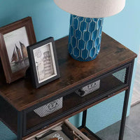 VECELO table console industrielle avec tiroir et étagères ouvertes, table d'entrée rustique en bois et maille métallique, table d'appoint de rangement pour salon ou couloir