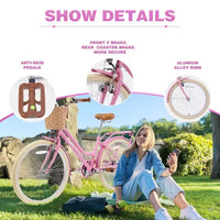 NAYSAYE Vélo de ville hybride pour filles de 24 pouces, pour les 7-10 ans et plus, avec panier en osier et porte-bagages arrière, vélos pour enfants