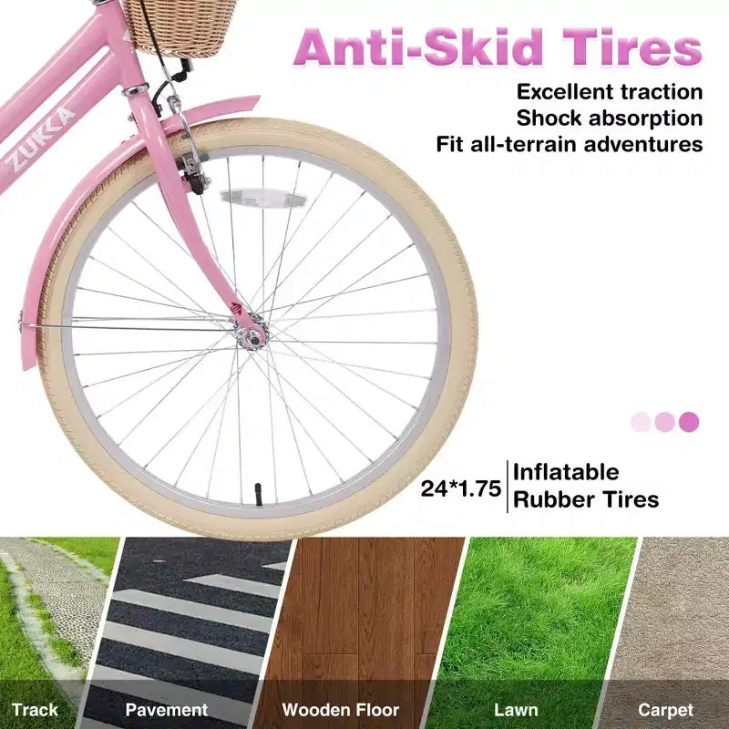 NAYSAYE Vélo de ville hybride pour filles de 24 pouces, pour les 7-10 ans et plus, avec panier en osier et porte-bagages arrière, vélos pour enfants
