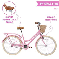 NAYSAYE Vélo de ville hybride pour filles de 24 pouces, pour les 7-10 ans et plus, avec panier en osier et porte-bagages arrière, vélos pour enfants