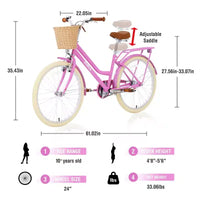 NAYSAYE Vélo de ville hybride pour filles de 24 pouces, pour les 7-10 ans et plus, avec panier en osier et porte-bagages arrière, vélos pour enfants