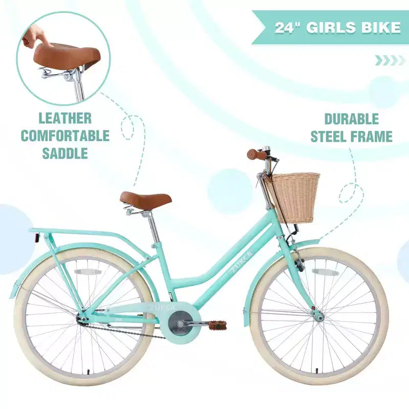 NAYSAYE Vélo de ville hybride pour filles de 24 pouces, pour les 7-10 ans et plus, avec panier en osier et porte-bagages arrière, vélos pour enfants