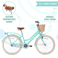 NAYSAYE Vélo de ville hybride pour filles de 24 pouces, pour les 7-10 ans et plus, avec panier en osier et porte-bagages arrière, vélos pour enfants