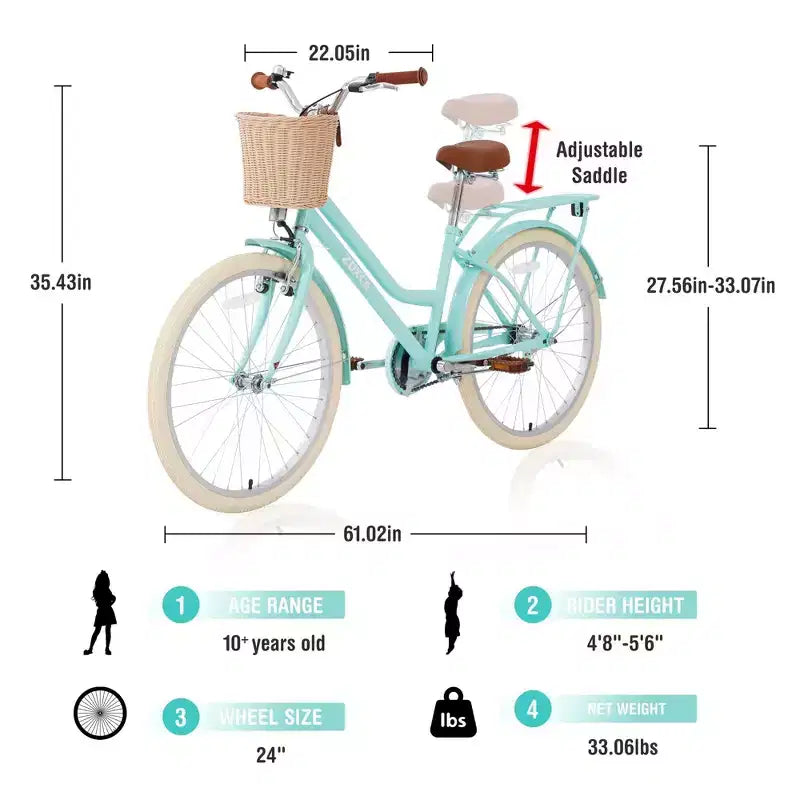 NAYSAYE Vélo de ville hybride pour filles de 24 pouces, pour les 7-10 ans et plus, avec panier en osier et porte-bagages arrière, vélos pour enfants