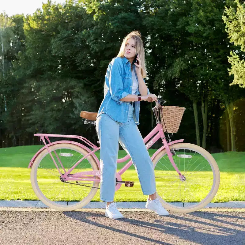 NAYSAYE Vélo de ville hybride pour filles de 24 pouces, pour les 7-10 ans et plus, avec panier en osier et porte-bagages arrière, vélos pour enfants