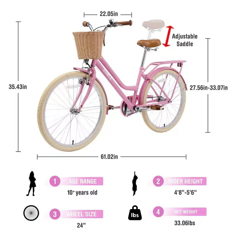 NAYSAYE Vélo de ville hybride pour filles de 24 pouces, pour les 7-10 ans et plus, avec panier en osier et porte-bagages arrière, vélos pour enfants