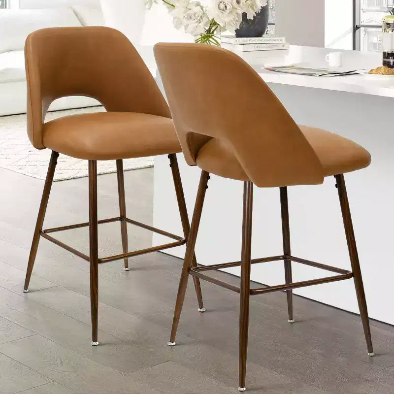 Lot de 2 tabourets de bar hauteur comptoir en similicuir de style mid-century, 26 chaises d'îlot de cuisine avec pieds métalliques finition noyer - Panipeachy
