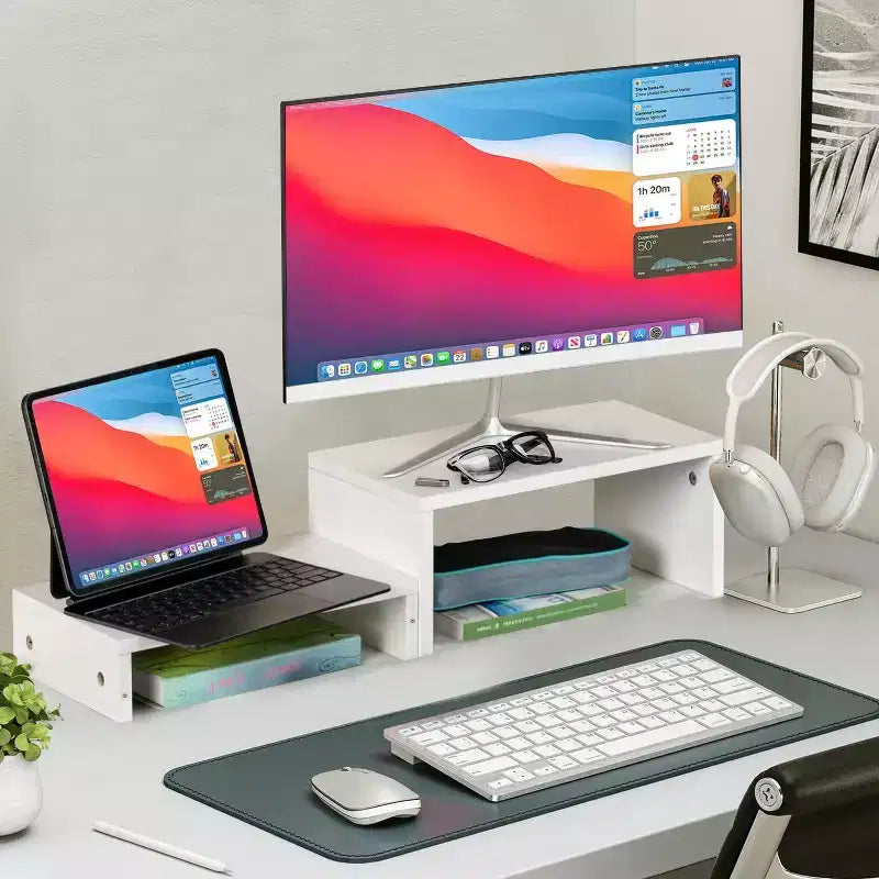 FurnitureR rehausseur de moniteur à deux niveaux, support de moniteur ergonomique avec étagère de rangement, organisateur de bureau pour ordinateur portable, PC et fournitures de bureau