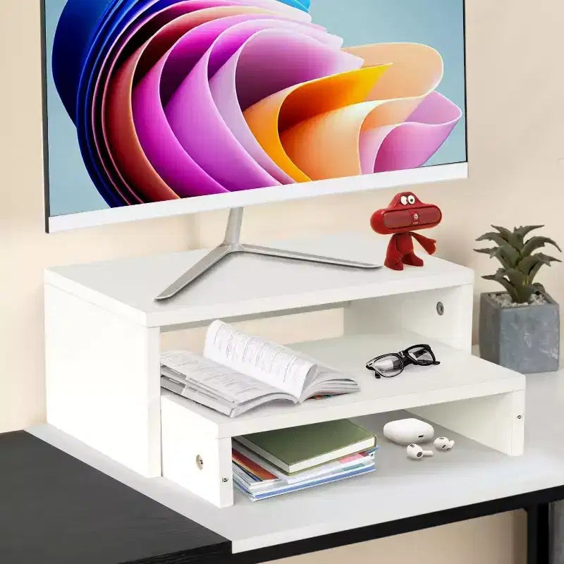 FurnitureR rehausseur de moniteur à deux niveaux, support de moniteur ergonomique avec étagère de rangement, organisateur de bureau pour ordinateur portable, PC et fournitures de bureau
