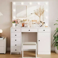 Coiffeuse blanche avec miroir et lumière, table de maquillage avec station de charge, armoire à tiroirs de rangement, coiffeuse moderne en bois pour chambre
