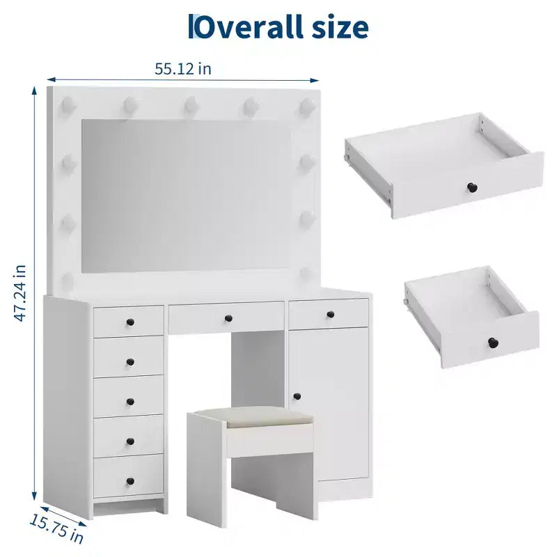 Coiffeuse blanche avec miroir et lumière, table de maquillage avec station de charge, armoire à tiroirs de rangement, coiffeuse moderne en bois pour chambre