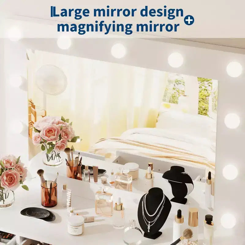 Coiffeuse blanche avec miroir et lumière, table de maquillage avec station de charge, armoire à tiroirs de rangement, coiffeuse moderne en bois pour chambre