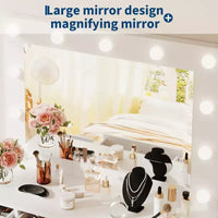 Coiffeuse blanche avec miroir et lumière, table de maquillage avec station de charge, armoire à tiroirs de rangement, coiffeuse moderne en bois pour chambre