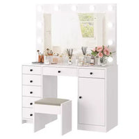 Coiffeuse blanche avec miroir et lumière, table de maquillage avec station de charge, armoire à tiroirs de rangement, coiffeuse moderne en bois pour chambre