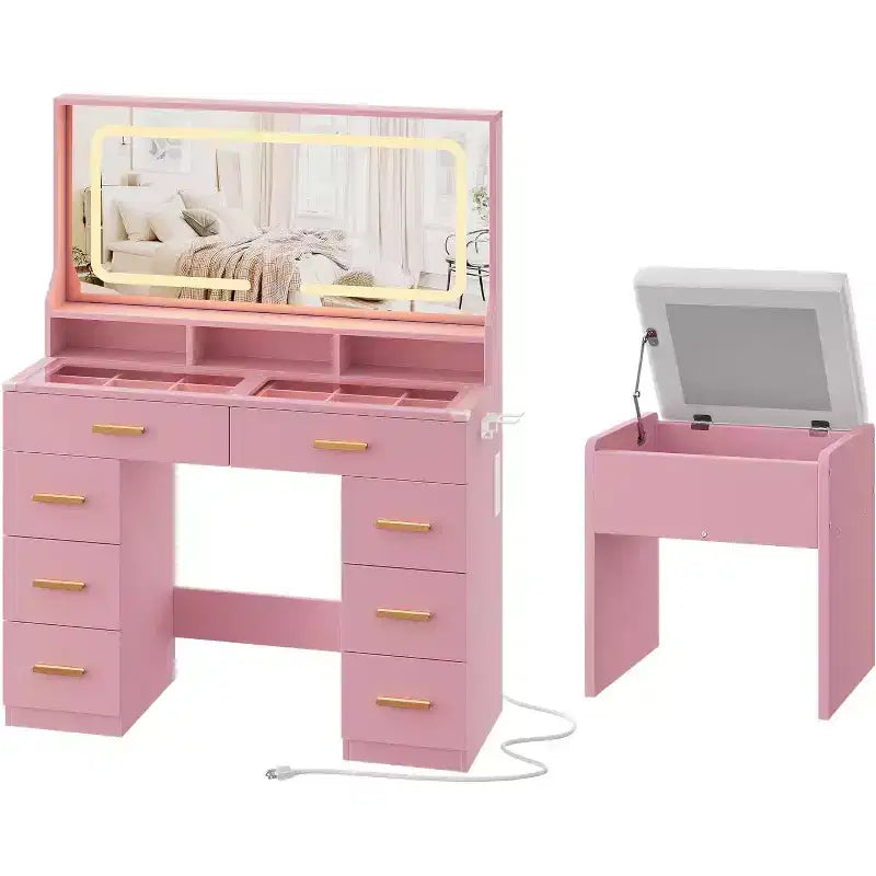 COZONY Coiffeuse de maquillage 42 LED avec grand miroir, 8 tiroirs, station de charge et tabouret de rangement, Rose