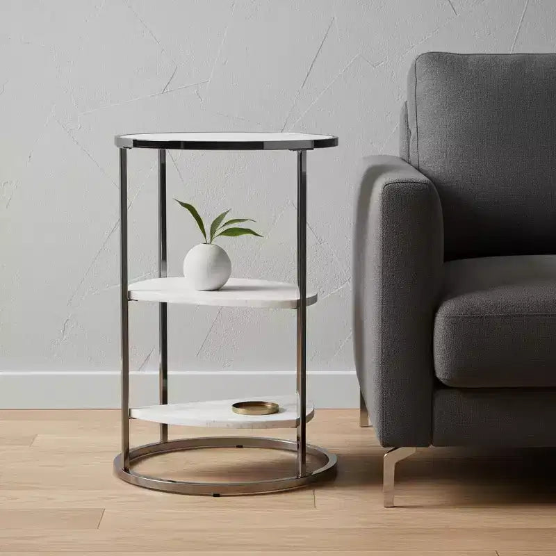 HomeRoots table d'extrémité ronde 24 en métal noir, verre et faux marbre avec deux étagères