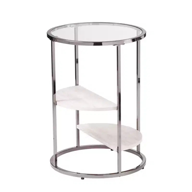 HomeRoots table d'extrémité ronde 24 en métal noir, verre et faux marbre avec deux étagères
