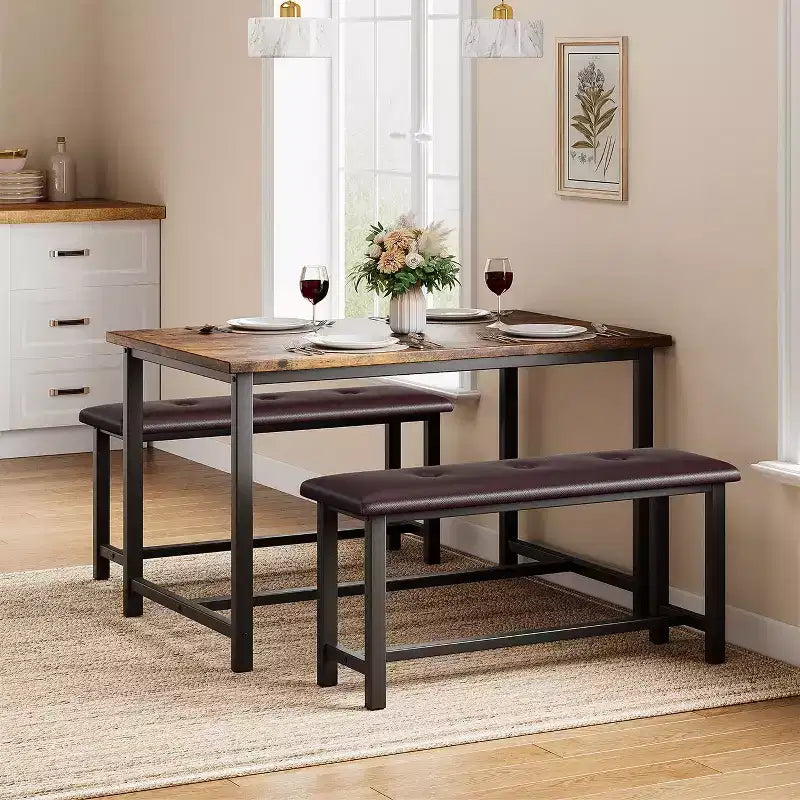 Ensemble table de salle à manger pour 4, table de cuisine avec bancs, ensemble table de salle à manger rectangulaire avec 2 bancs rembourrés, ensemble table de salle à manger 3 pièces pour petits espaces