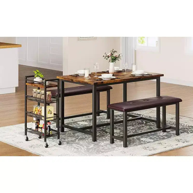Ensemble table de salle à manger pour 4, table de cuisine avec bancs, ensemble table de salle à manger rectangulaire avec 2 bancs rembourrés, ensemble table de salle à manger 3 pièces pour petits espaces