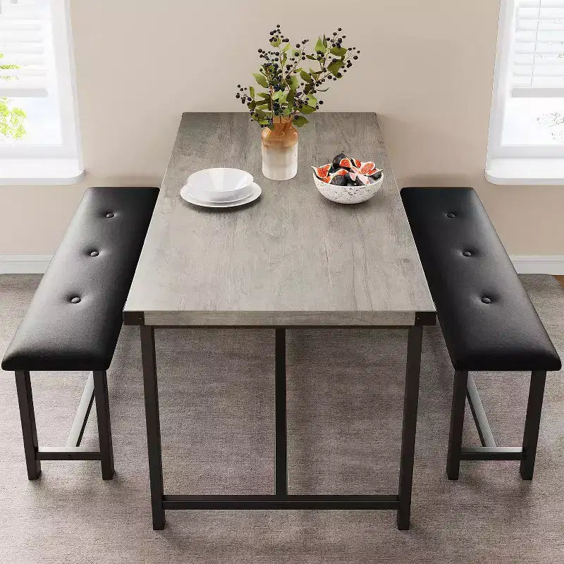 Ensemble table de salle à manger pour 4, table de cuisine avec bancs, ensemble table de salle à manger rectangulaire avec 2 bancs rembourrés, ensemble table de salle à manger 3 pièces pour petits espaces