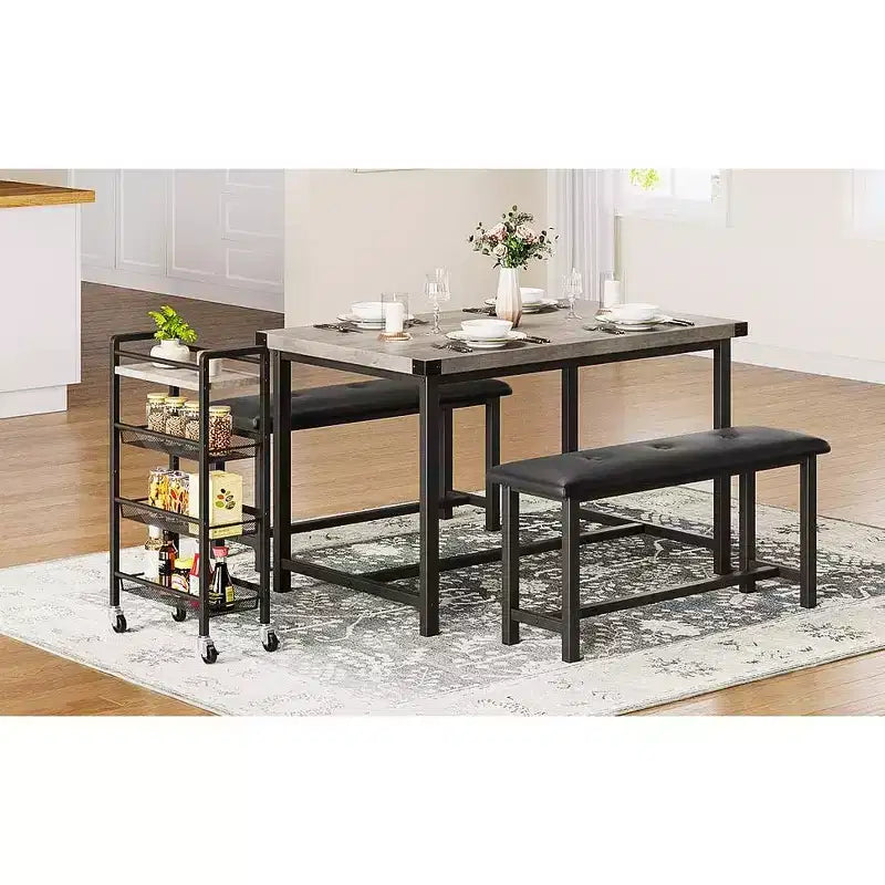 Ensemble table de salle à manger pour 4, table de cuisine avec bancs, ensemble table de salle à manger rectangulaire avec 2 bancs rembourrés, ensemble table de salle à manger 3 pièces pour petits espaces