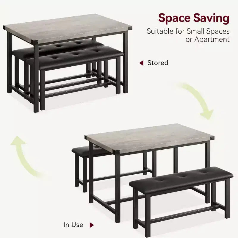 Ensemble table de salle à manger pour 4, table de cuisine avec bancs, ensemble table de salle à manger rectangulaire avec 2 bancs rembourrés, ensemble table de salle à manger 3 pièces pour petits espaces