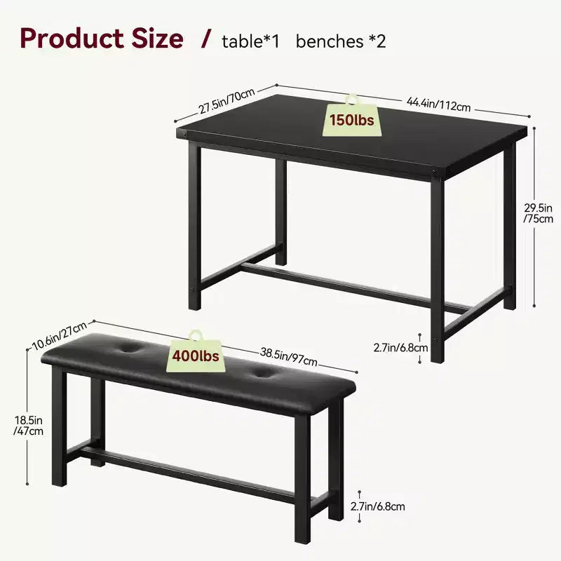 Ensemble table de salle à manger pour 4, table de cuisine avec bancs, ensemble table de salle à manger rectangulaire avec 2 bancs rembourrés, ensemble table de salle à manger 3 pièces pour petits espaces
