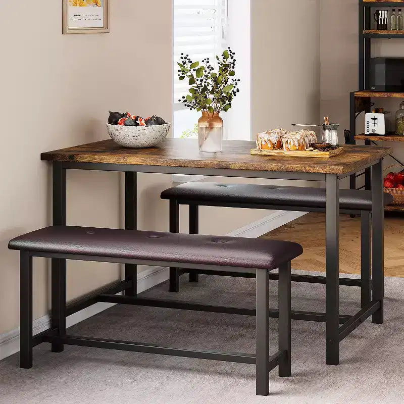Ensemble table de salle à manger pour 4, table de cuisine avec bancs, ensemble table de salle à manger rectangulaire avec 2 bancs rembourrés, ensemble table de salle à manger 3 pièces pour petits espaces