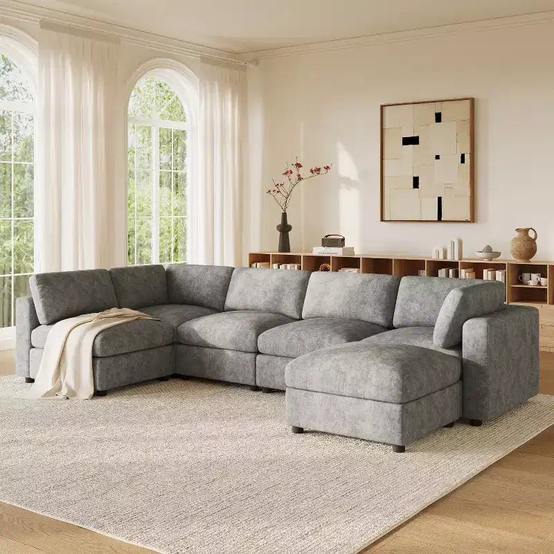 GDFStudio Hudson canapé sectionnel modulaire moderne en chenille 6 places convertible en lit, canapé convertible en U avec pouf