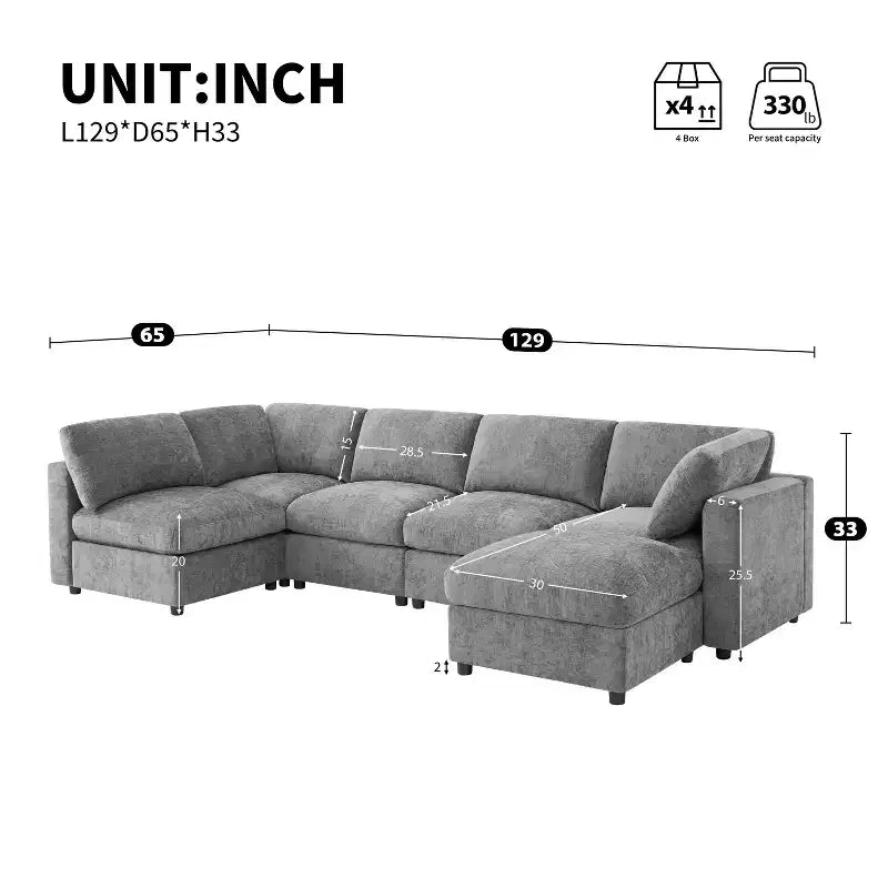 GDFStudio Hudson canapé sectionnel modulaire moderne en chenille 6 places convertible en lit, canapé convertible en U avec pouf