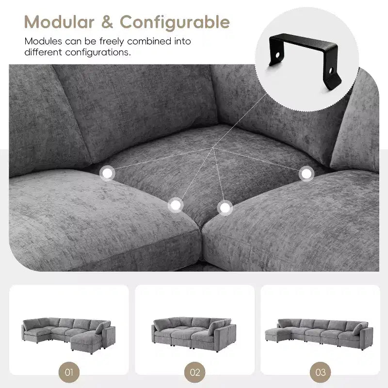 GDFStudio Hudson canapé sectionnel modulaire moderne en chenille 6 places convertible en lit, canapé convertible en U avec pouf