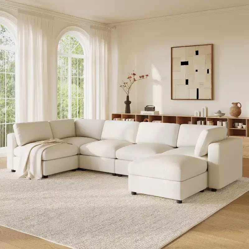 GDFStudio Hudson canapé sectionnel modulaire moderne en chenille 6 places convertible en lit, canapé convertible en U avec pouf