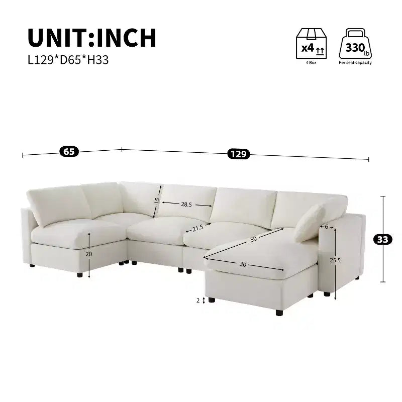 GDFStudio Hudson canapé sectionnel modulaire moderne en chenille 6 places convertible en lit, canapé convertible en U avec pouf