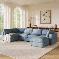 GDFStudio Hudson canapé sectionnel modulaire moderne en chenille 6 places convertible en lit, canapé convertible en U avec pouf