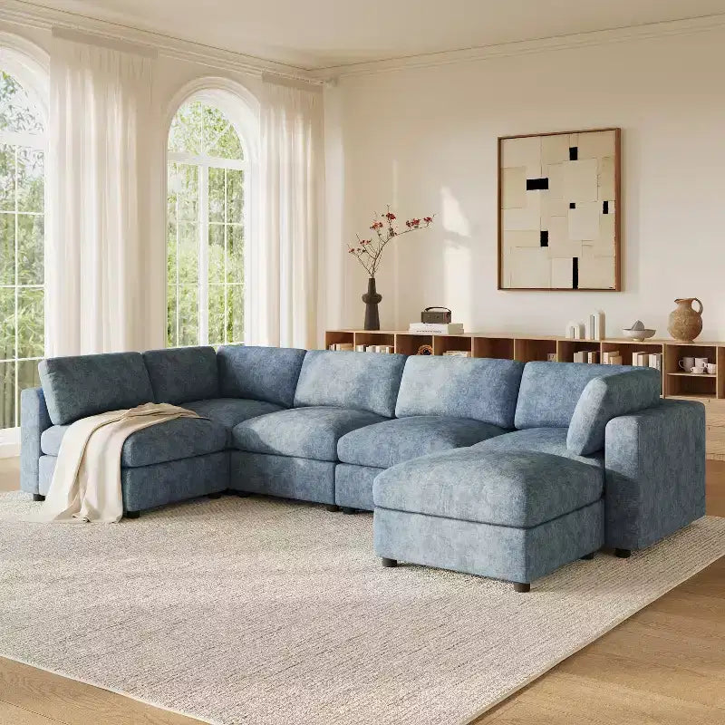 GDFStudio Hudson canapé sectionnel modulaire moderne en chenille 6 places convertible en lit, canapé convertible en U avec pouf