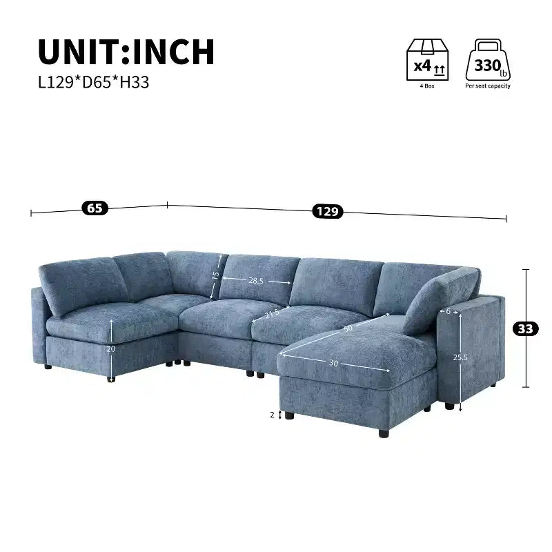 GDFStudio Hudson canapé sectionnel modulaire moderne en chenille 6 places convertible en lit, canapé convertible en U avec pouf