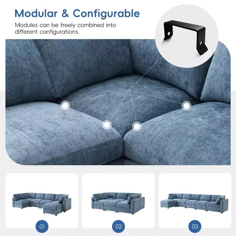 GDFStudio Hudson canapé sectionnel modulaire moderne en chenille 6 places convertible en lit, canapé convertible en U avec pouf