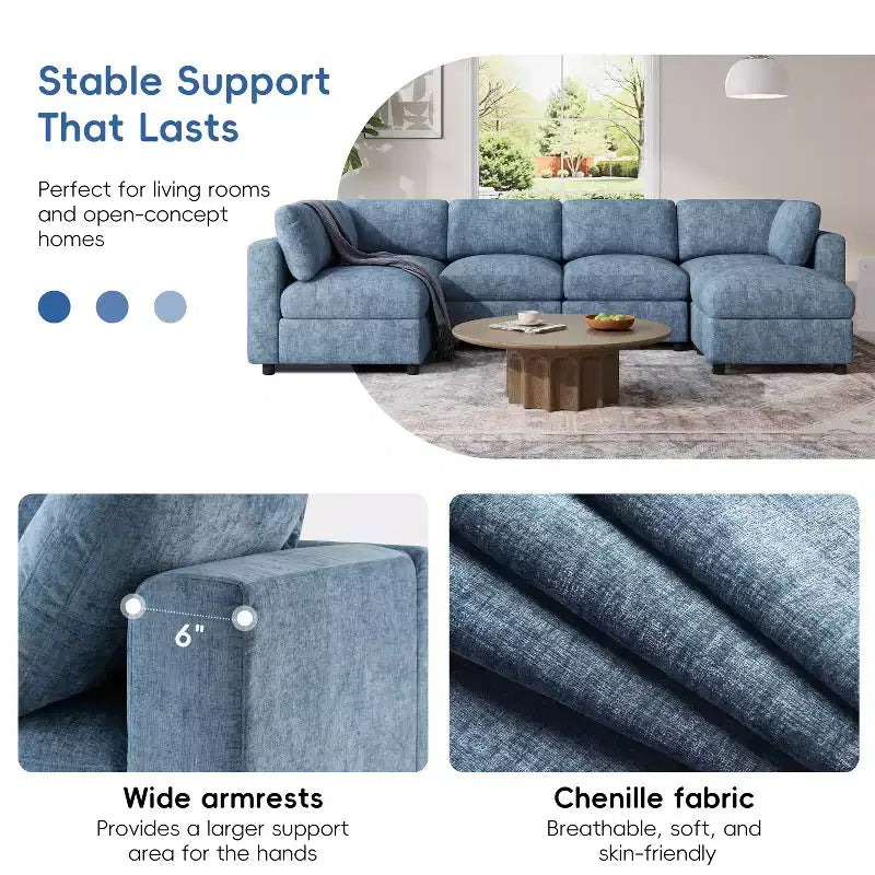 GDFStudio Hudson canapé sectionnel modulaire moderne en chenille 6 places convertible en lit, canapé convertible en U avec pouf